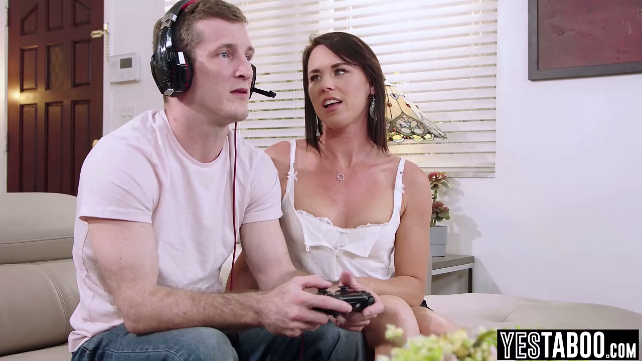 Horny petite MILF stepmom distracts and fucks gamer teen stepson