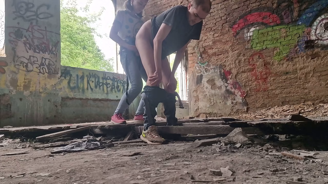 Dominatrix girl outdoor without mercy fucked strapon her slave man in the ass in the forest dangerous public in abandoned building