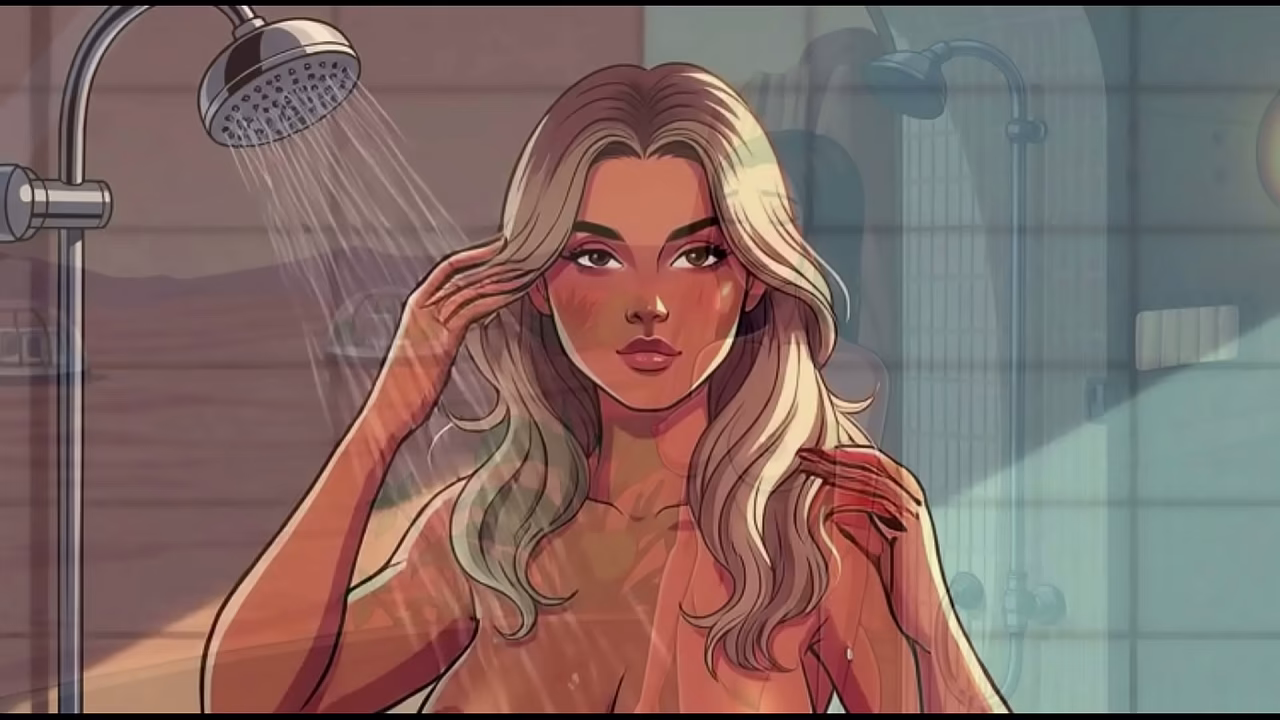 Beautiful Nude Cartoon Woman Taking A Shower On A Planet (AI Generated)